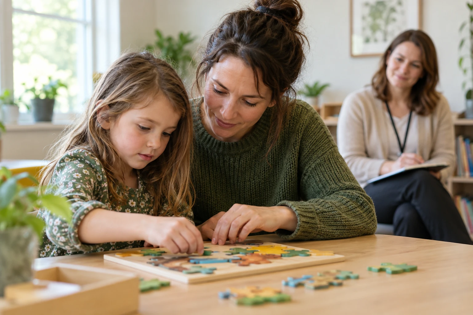 Eine Mutter und ihre Tochter legen ein Puzzle, während eine Fachkraft im Hintergrund begleitet