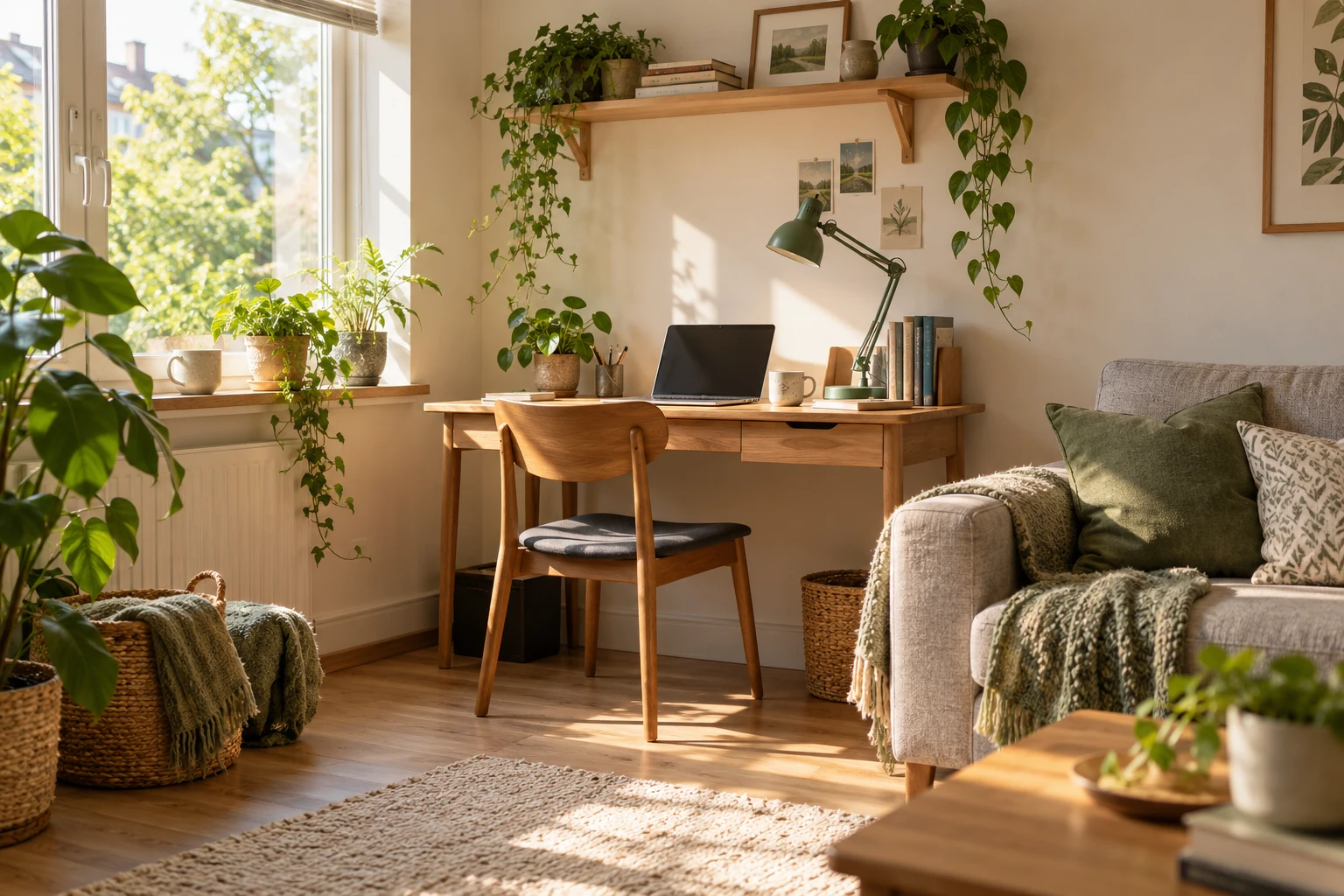 Heller Wohnraum mit Sofa, Schreibtisch und Pflanzen als symbolisches Bild für Betreutes Wohnen