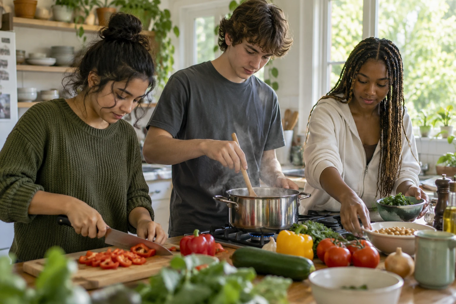 Jugendliche kochen gemeinsam in einer hellen Küche als symbolisches Bild für eine Wohngruppe